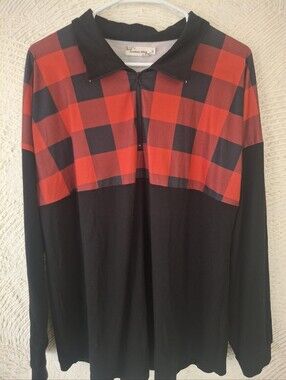 Women's Black Long-Sleeve Shirt with Red Buffalo Check Panel